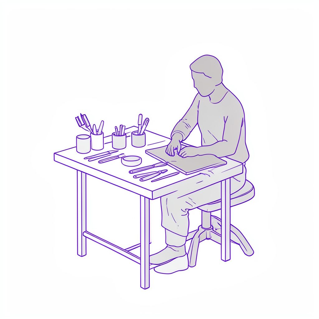Ilustração minimalista de uma mesa de escultor com ferramentas e uma figura em argila parcialmente esculpida, tons terrosos e cinzas suaves